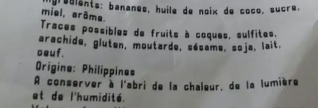 Banane chips ingredients label