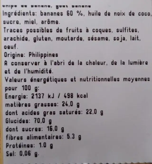 Banane chips nutrition facts table
