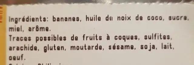 Banane chips ingredients label