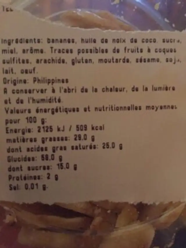 Banane chips ingredients label