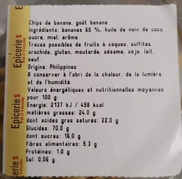 Banane Chips nutrition facts table