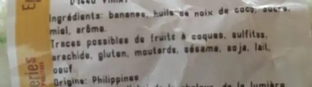Banane chips ingredients label