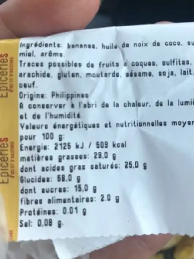 Chips de banane ingredients label