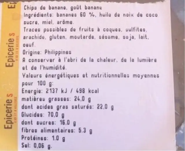 Chips de banane nutrition facts table
