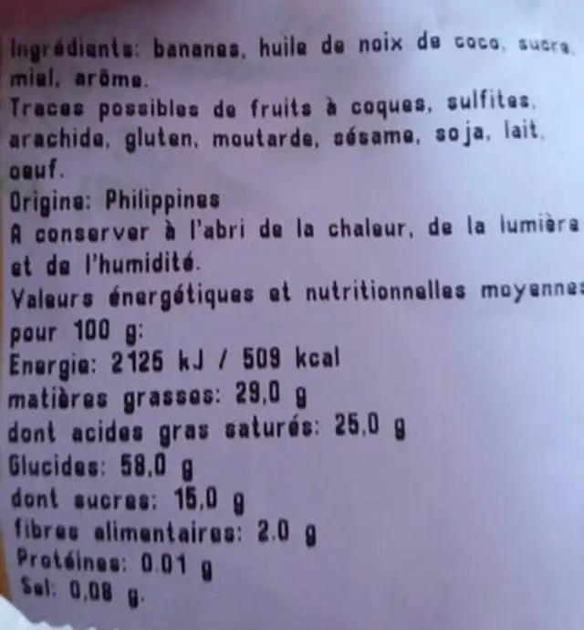 Banane chips nutrition facts table