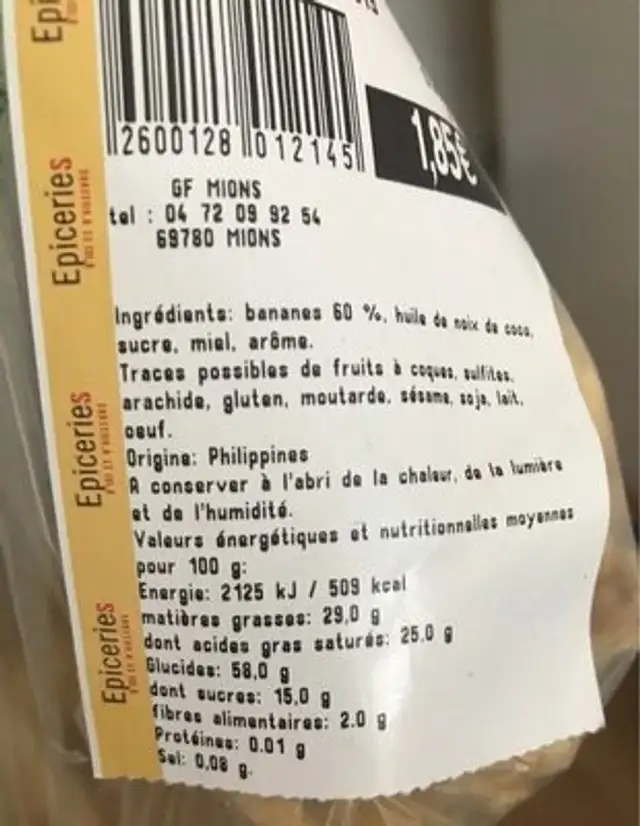 Bananes deshydratée nutrition facts table