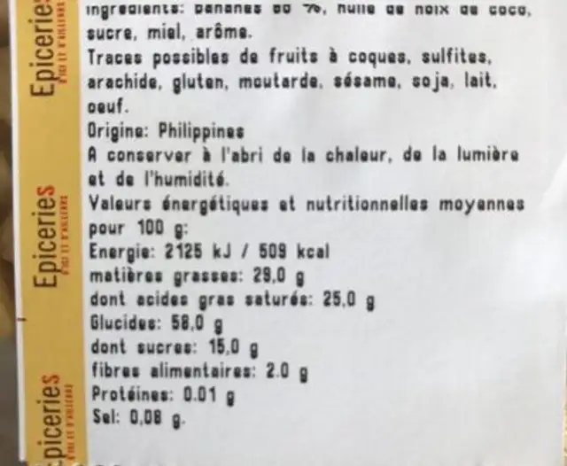 Banane chips nutrition facts table