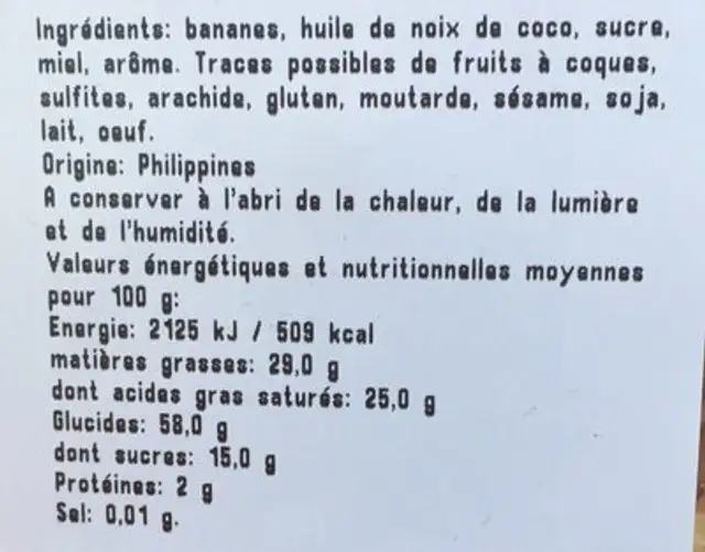 Banane chips ingredients label