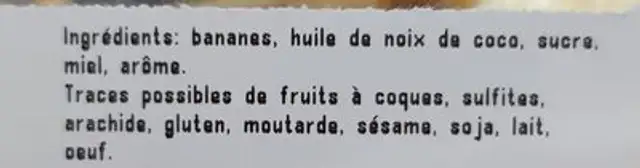 Banane chips ingredients label