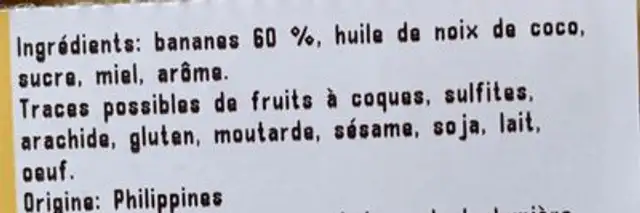 Banane Chips ingredients label