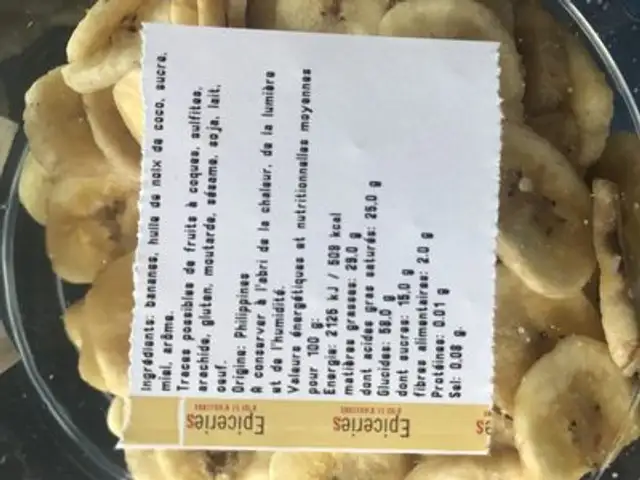 Banane chips ingredients label