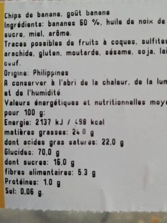 Banane chips nutrition facts table