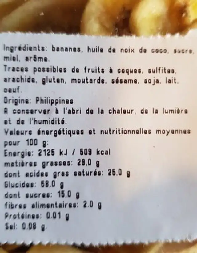 Banane chips ingredients label