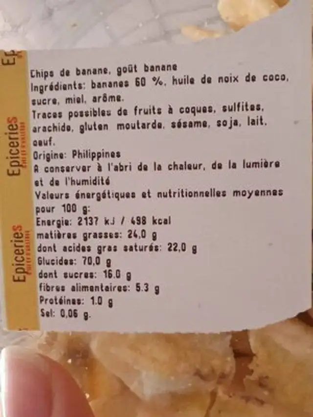 Banane chips nutrition facts table