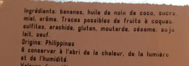 Banane chips ingredients label