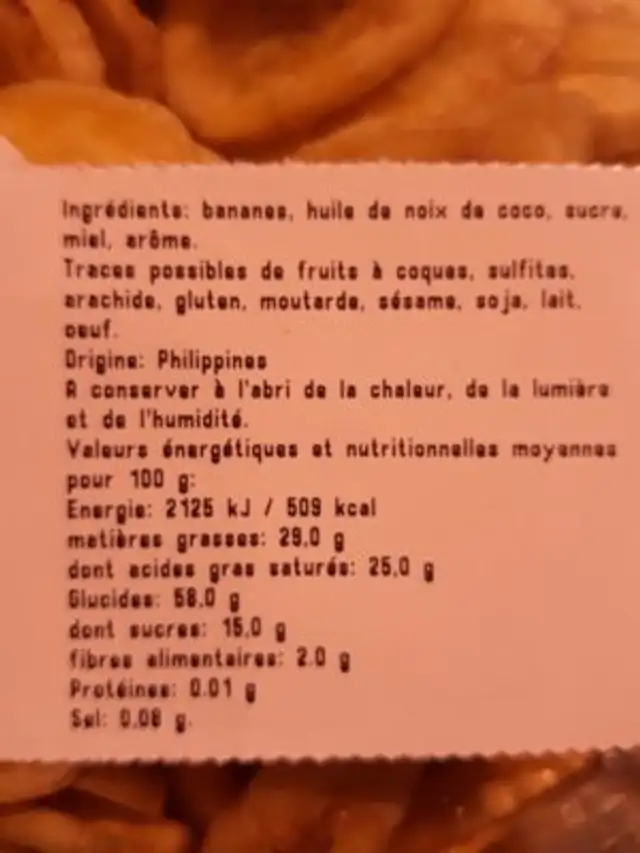 Banane chips ingredients label