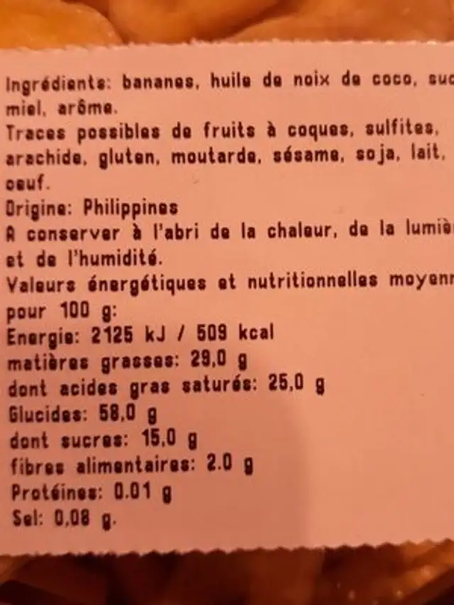 Banane chips nutrition facts table