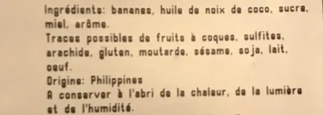 Banane chips ingredients label
