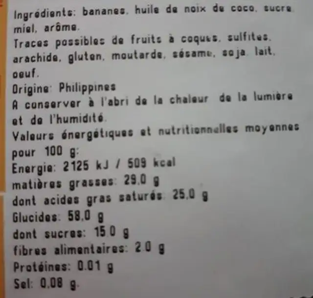 Banane Chips ingredients label