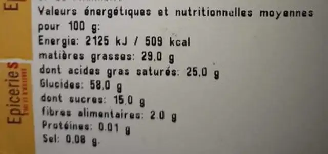 Banane Chips nutrition facts table