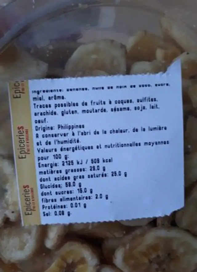 Banane chips ingredients label