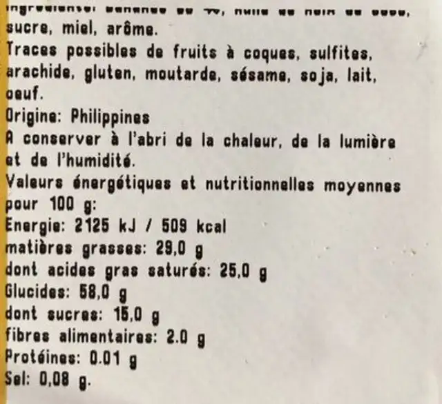 Banane chips nutrition facts table