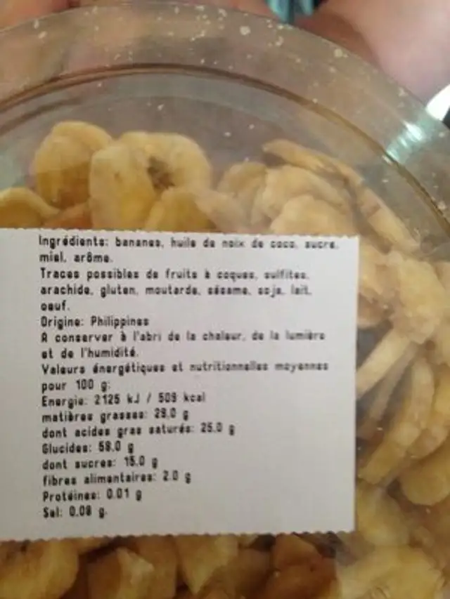 Banane chips ingredients label