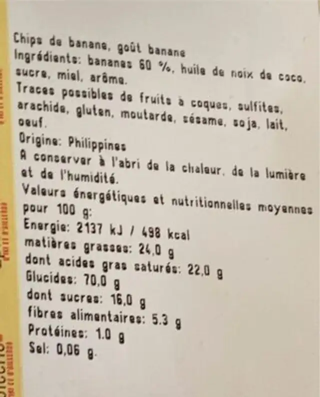 Chips banane nutrition facts table