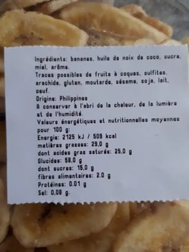 Banane chips ingredients label