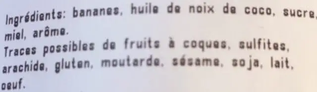 Banane chips ingredients label