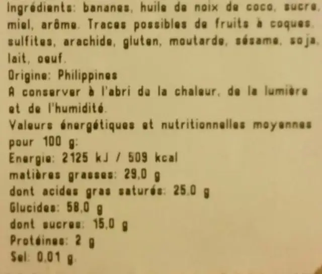 Banane chips ingredients label