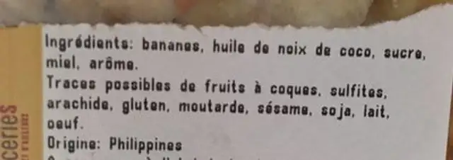 Banane chips ingredients label
