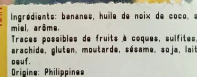 Bananes chips ingredients label