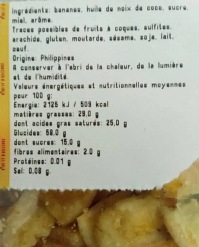 Bananes chips nutrition facts table