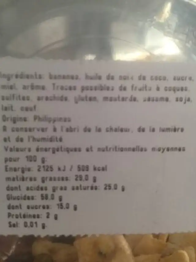 Banane chips ingredients label