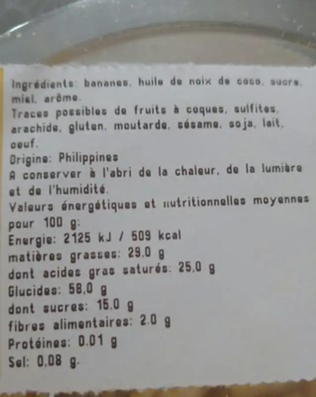 Banane chips ingredients label