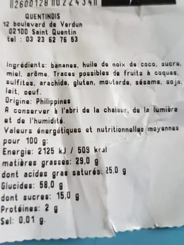 Banane chips ingredients label