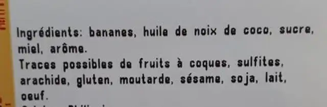 Banane chips ingredients label