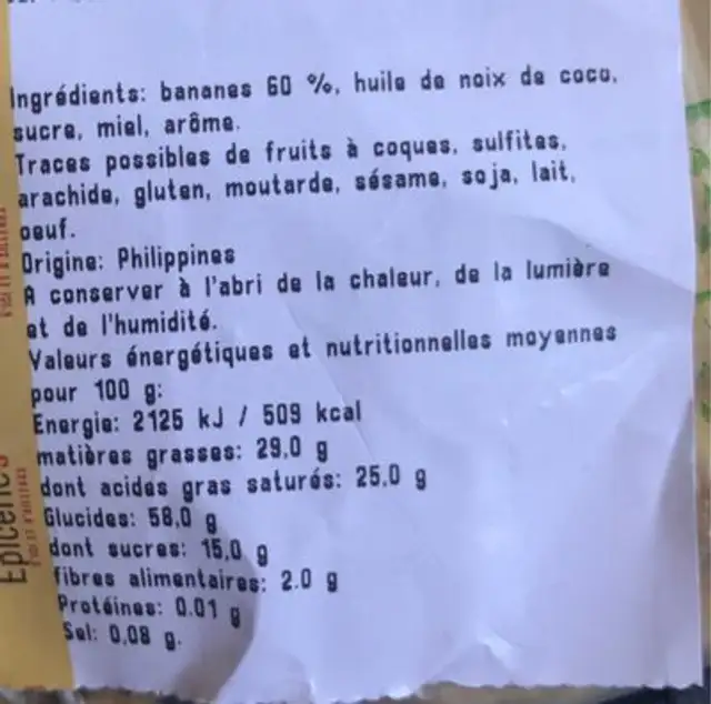 Banane seché ingredients label