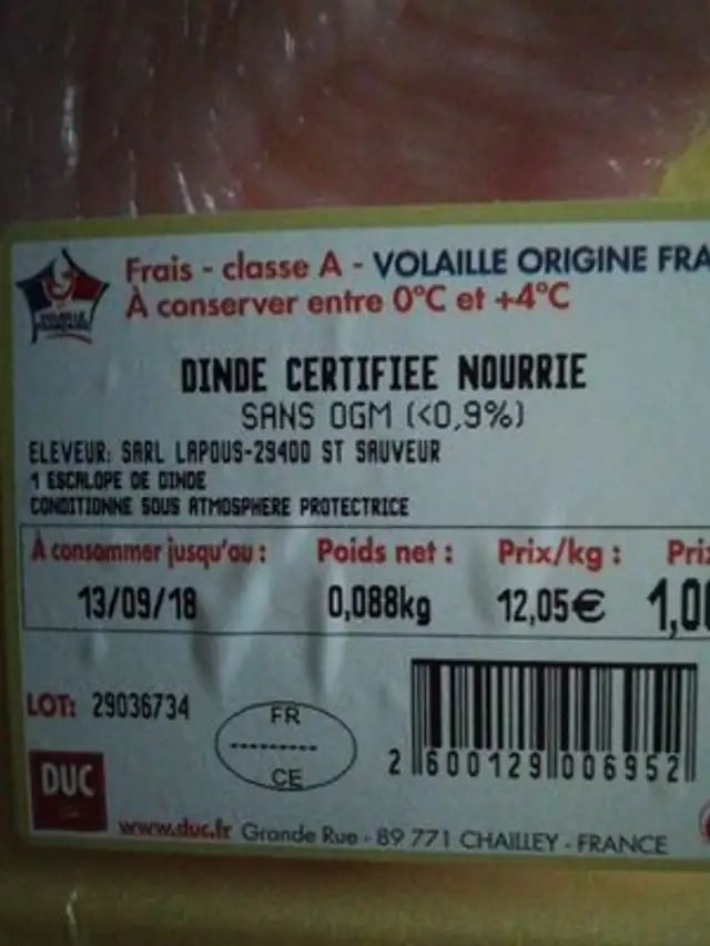 Escalope de dinde ingredients label