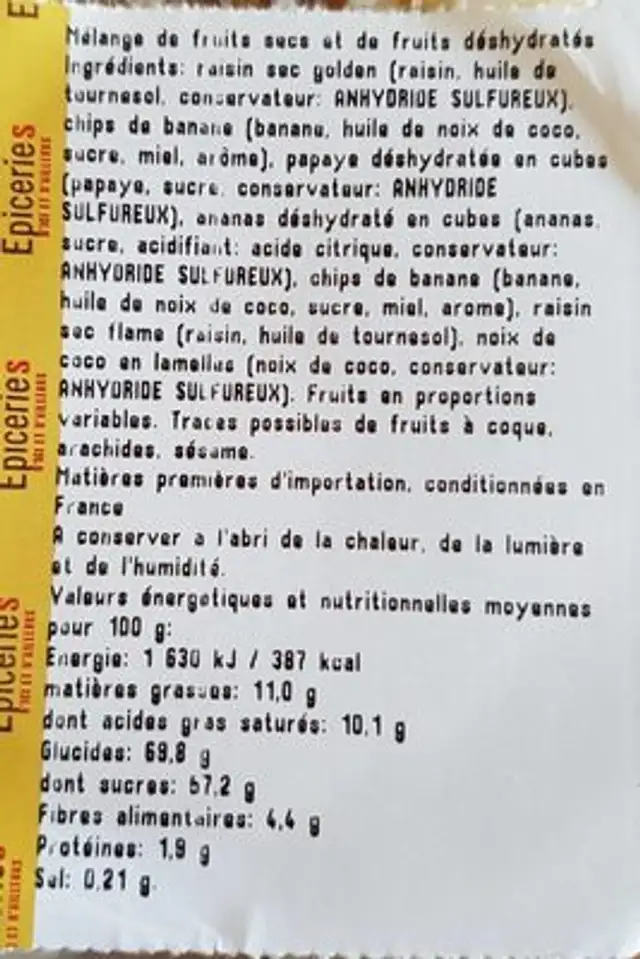 Fruits secs - Mélange Exotique nutrition facts table