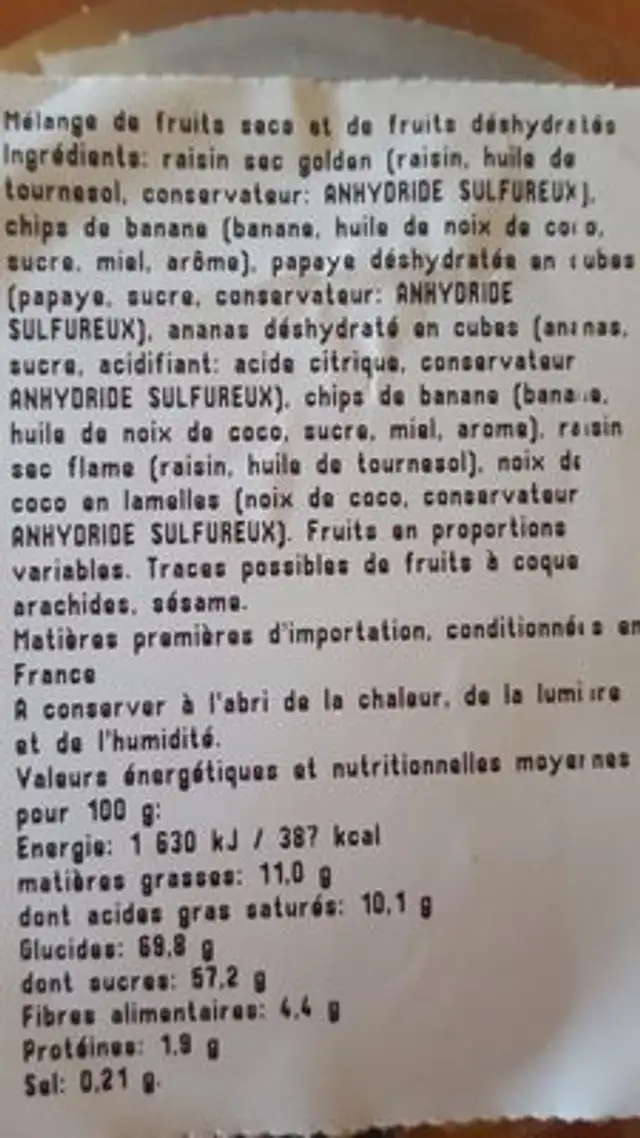 Mélange exotique ingredients label