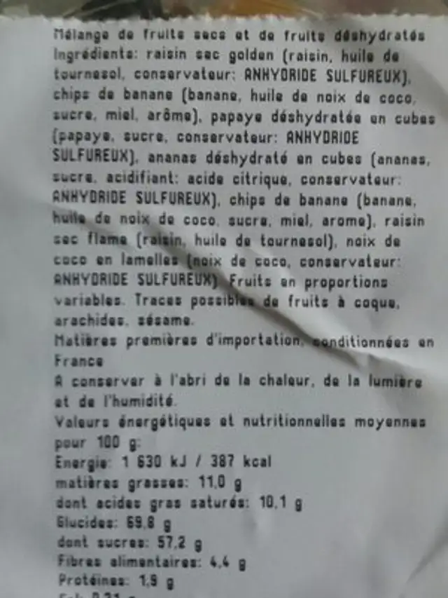 Melange de fruits secs ingredients label