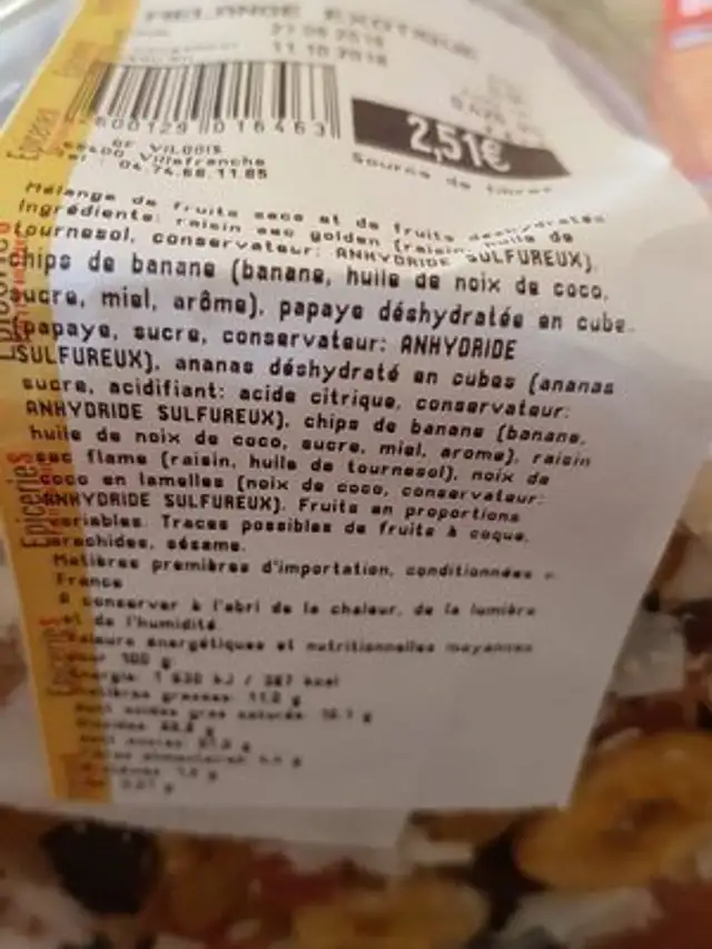 Mélange exotique /fruits sec ingredients label