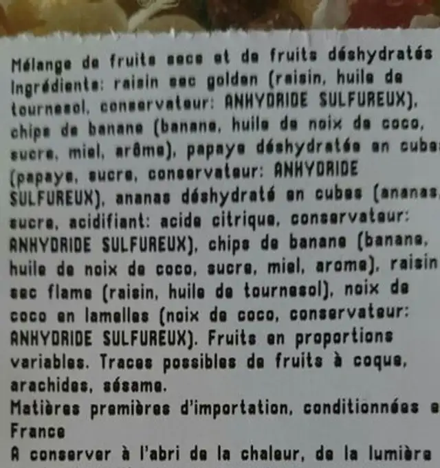 Mélange exotique ingredients label