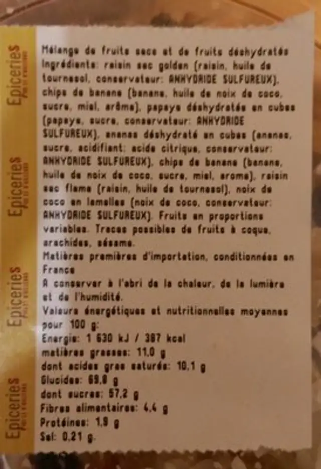 Mélange exotique ingredients label