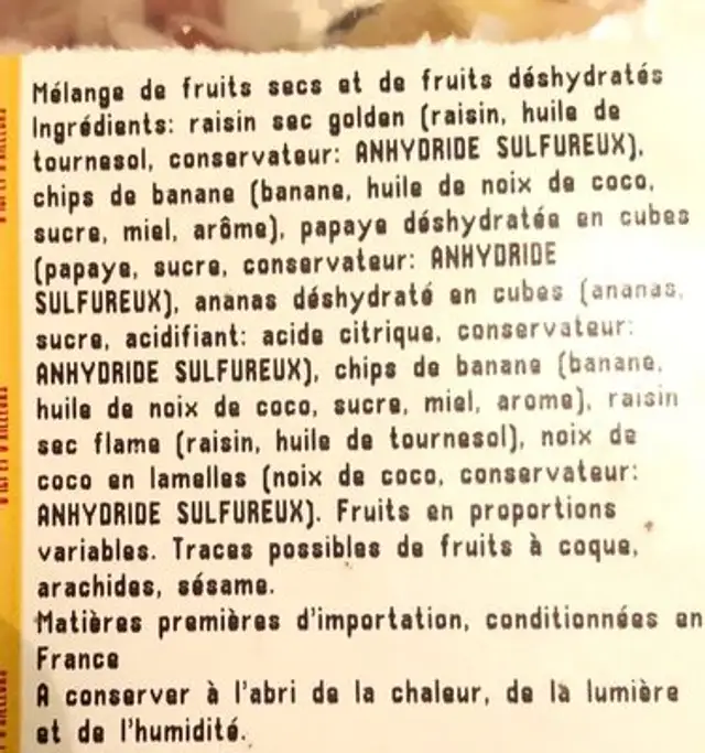Mélange exotique ingredients label