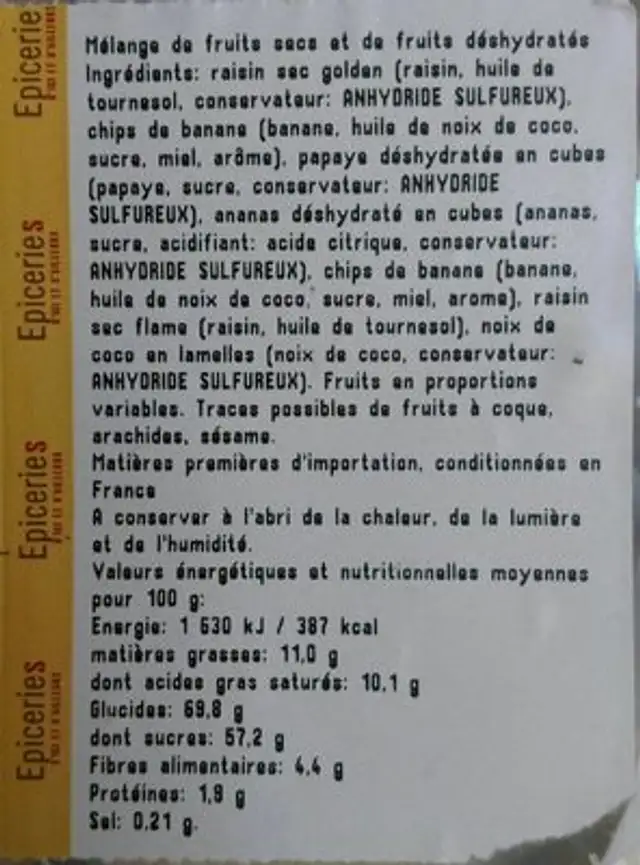 Mélange Exotique nutrition facts table