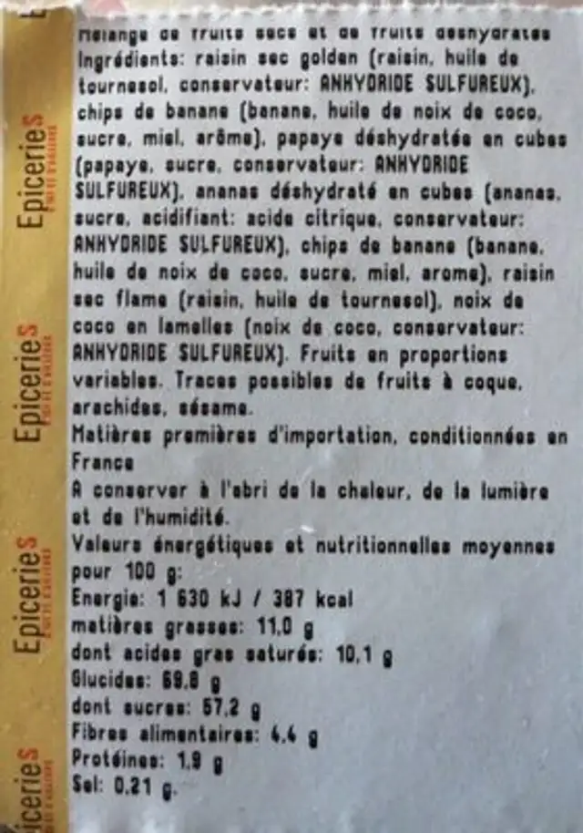 Mélange Exotique Grand Frais nutrition facts table