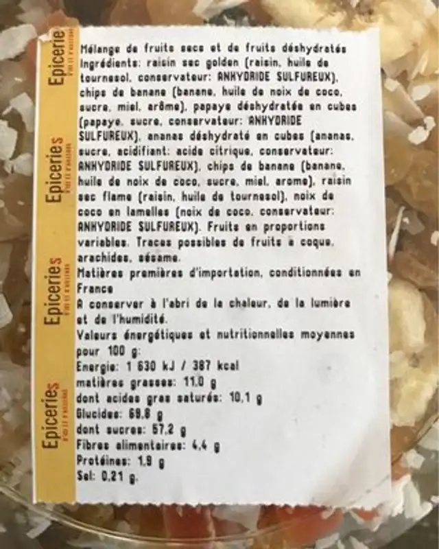 Mélange exotique nutrition facts table